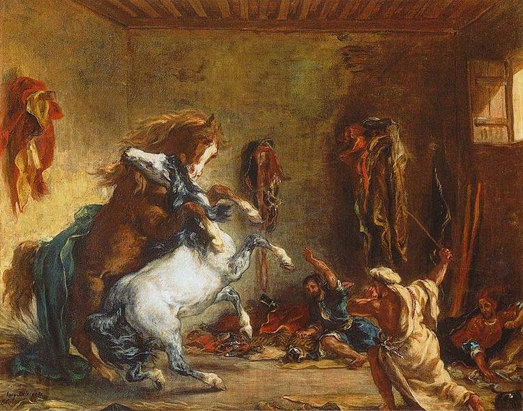Eugene Delacroix Arab Horses Fighting in a Stable France oil painting art